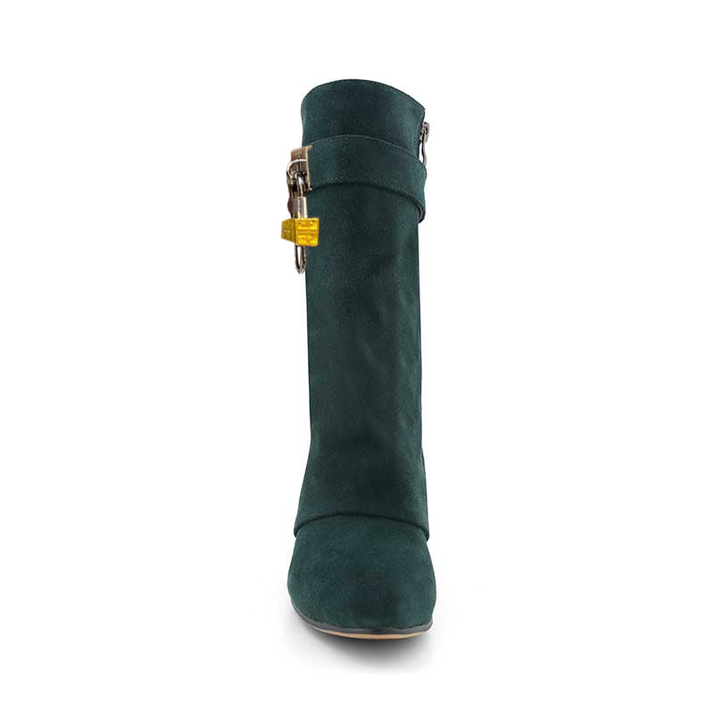 Lock Detailed Suede Wedged Heel Ankle Boots