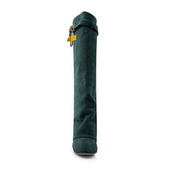Lock Detailed Suede Wedged Heel Knee High Boots