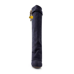 Lock Detailed Suede Wedged Heel Knee High Boots