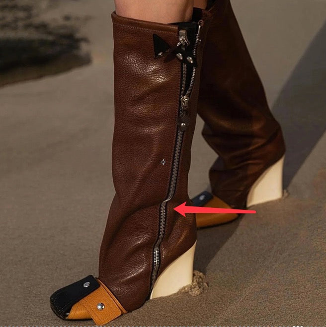 Zip Leather Knee High Boots