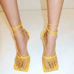 Lace Up Fishnet High Heel Sandals
