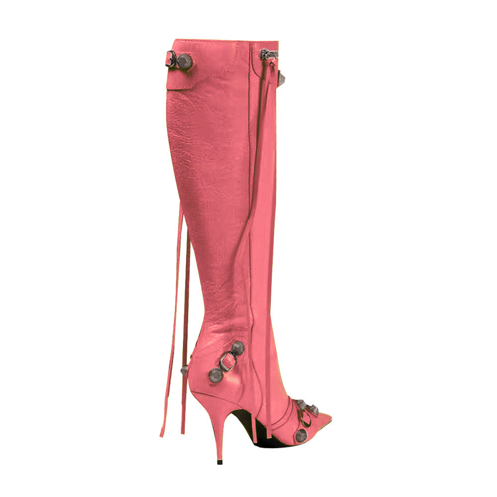 Studded And Buckled Leather Knee High Boots