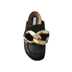 Chain Embellished Leather Flat Slippers Slides