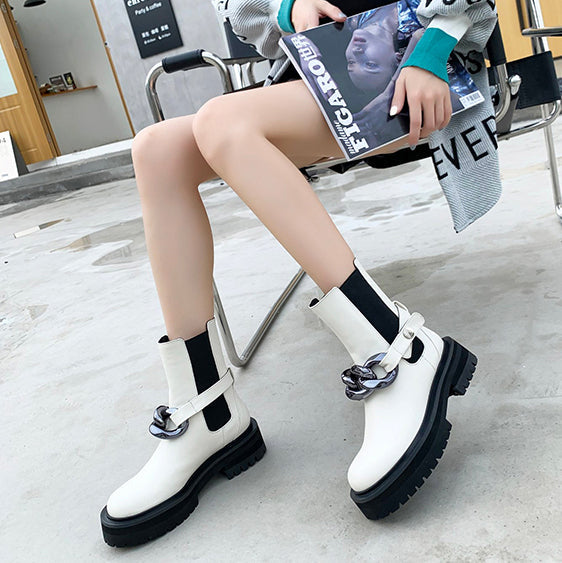 Chain Embellished Leather Ankle Boots