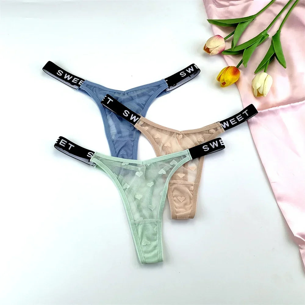 3PCS Letters Thin Waist Sexy Perspective Hearth Mesh Thong