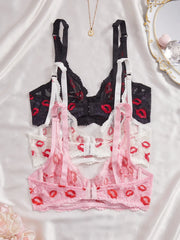 3PCS Sexy Lips Print Women Lace lingerie