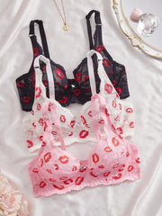 3PCS Sexy Lips Print Women Lace lingerie