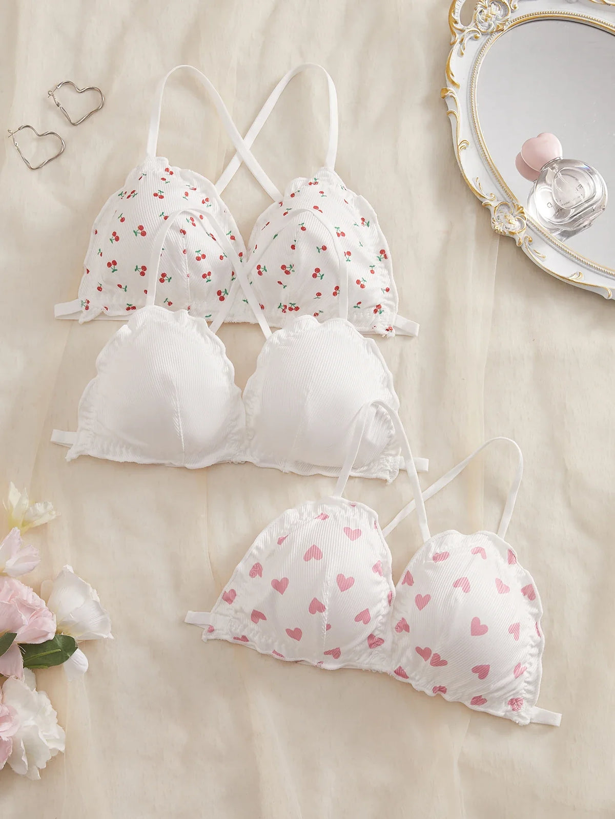 3PCS Women Sweet Print Wireless Bras