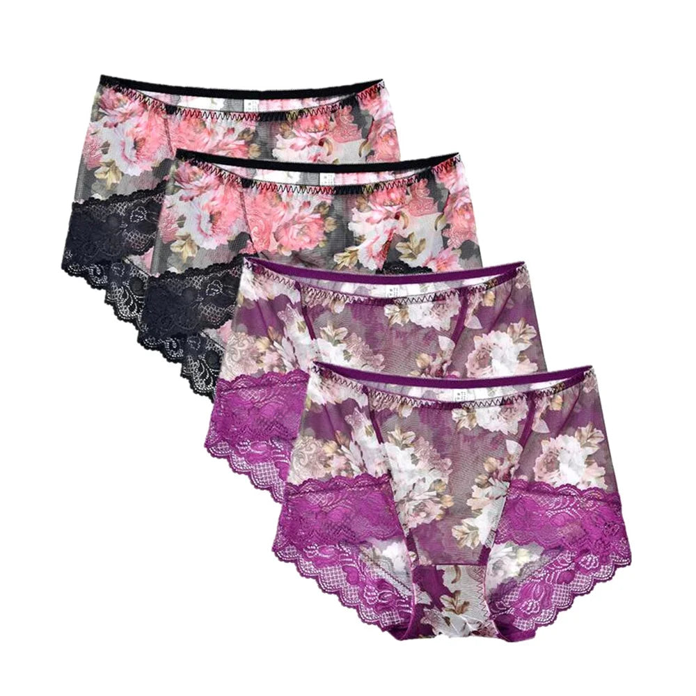 4 PCS/Set Women Silk and Lace Comfortable Floral Printed Underwear