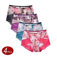 4 PCS/Set Women Silk and Lace Comfortable Floral Printed Underwear