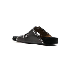 Buckled Studded Leather Flat Slippers Slides