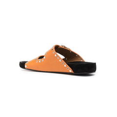 Buckled Studded Leather Flat Slippers Slides