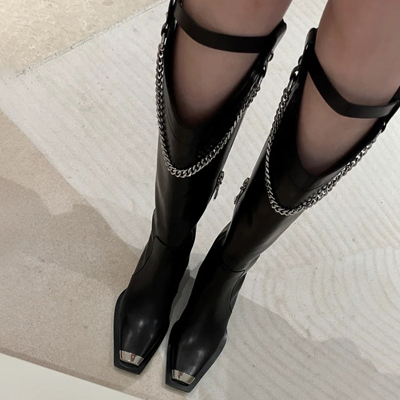 Metal-Plated Chain Embellished Knee High Boots
