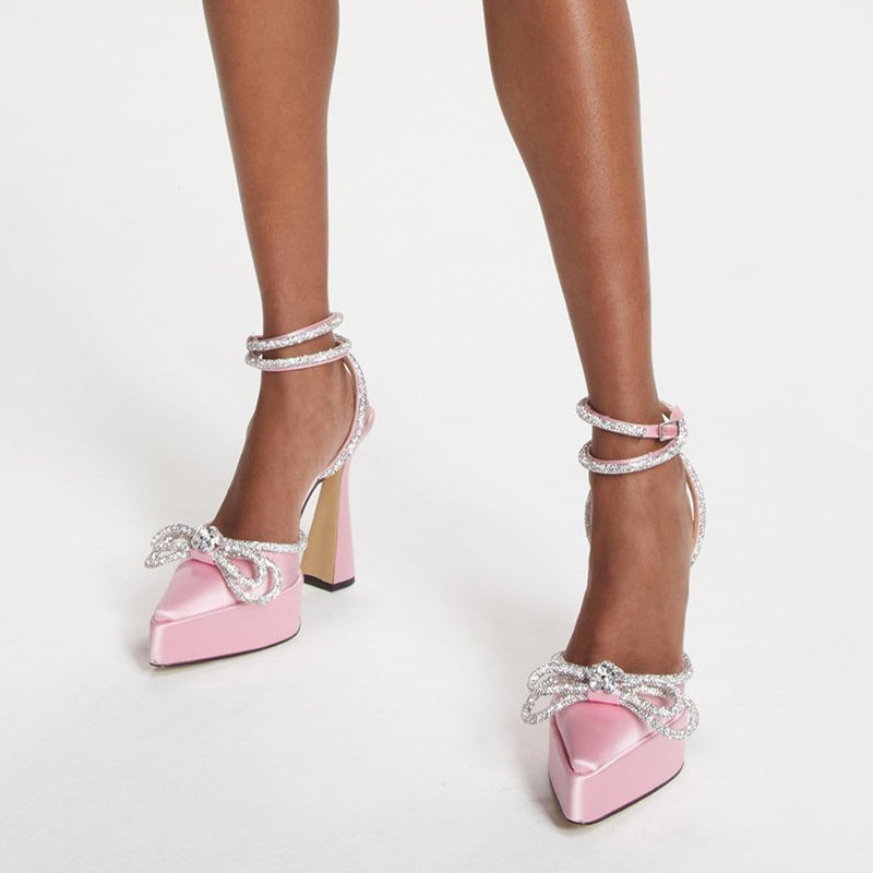 Diamante Bow Ankle Strap Platform Sandals