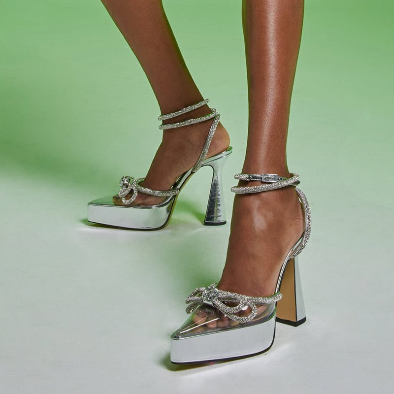 Diamante Bow Ankle Strap Platform Sandals