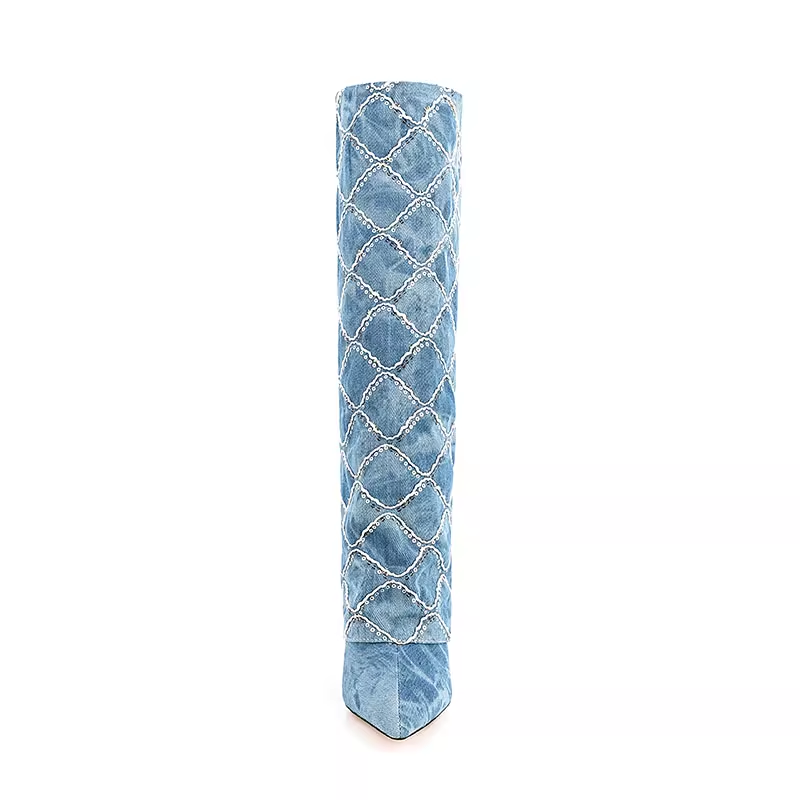 Sequinned Square Denim Knee High Boots