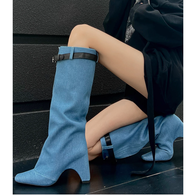 Buckled Denim Knee High Boots