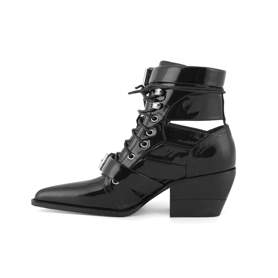 Cut Out Patent Leather Biker Ankle Western Cowboy