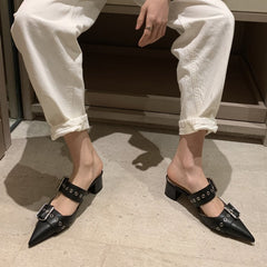 Buckled Block Heel Mules Sandals