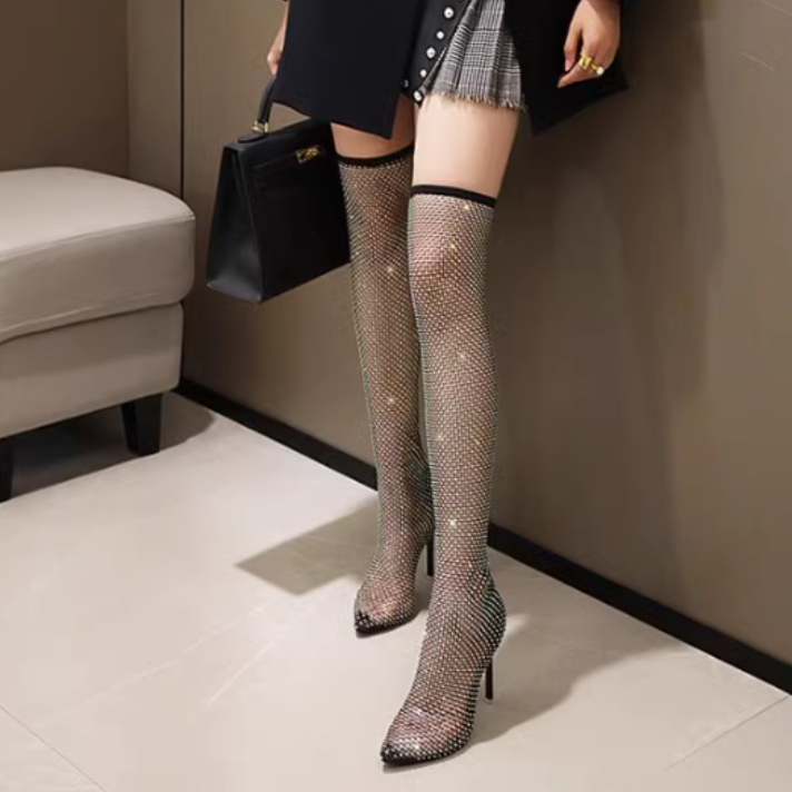 Diamante Mesh Over The Knee Boots - 6cm