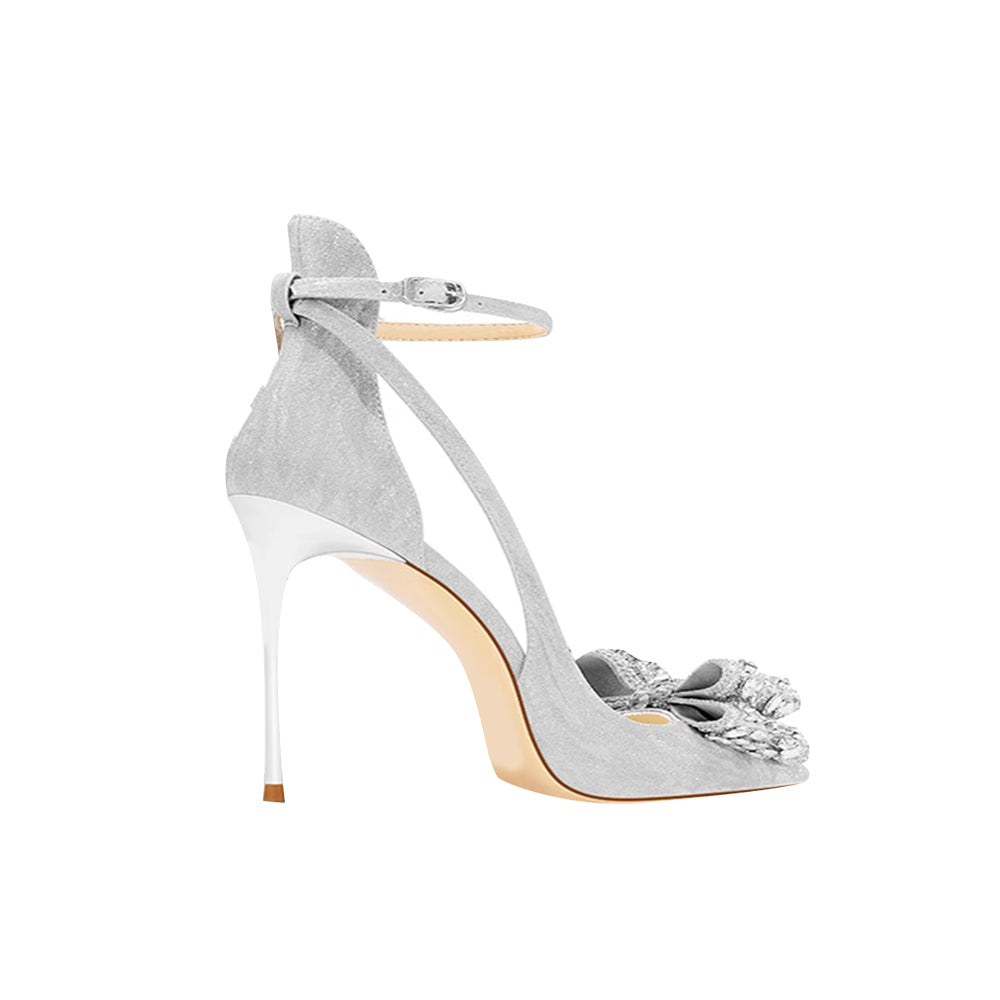 Diamante Bow Mid Heel Sandals - 8cm