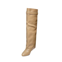 Lock Detailed Leather Wedged Heel Knee High Boots