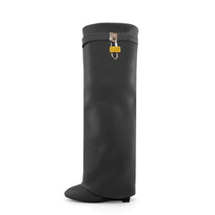 Lock Detailed Leather Wedged Heel Knee High Boots
