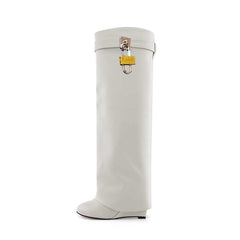 Lock Detailed Leather Wedged Heel Knee High Boots