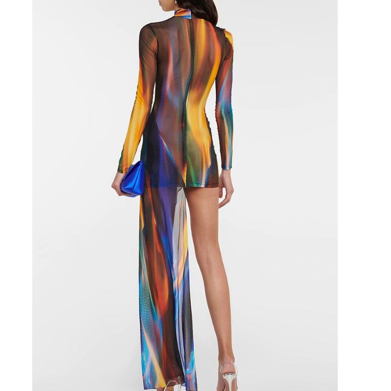 Printed Asymmetric Hem Evening Dress Gown
