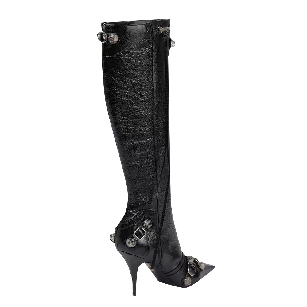 Studded And Buckled Leather Knee High Boots
