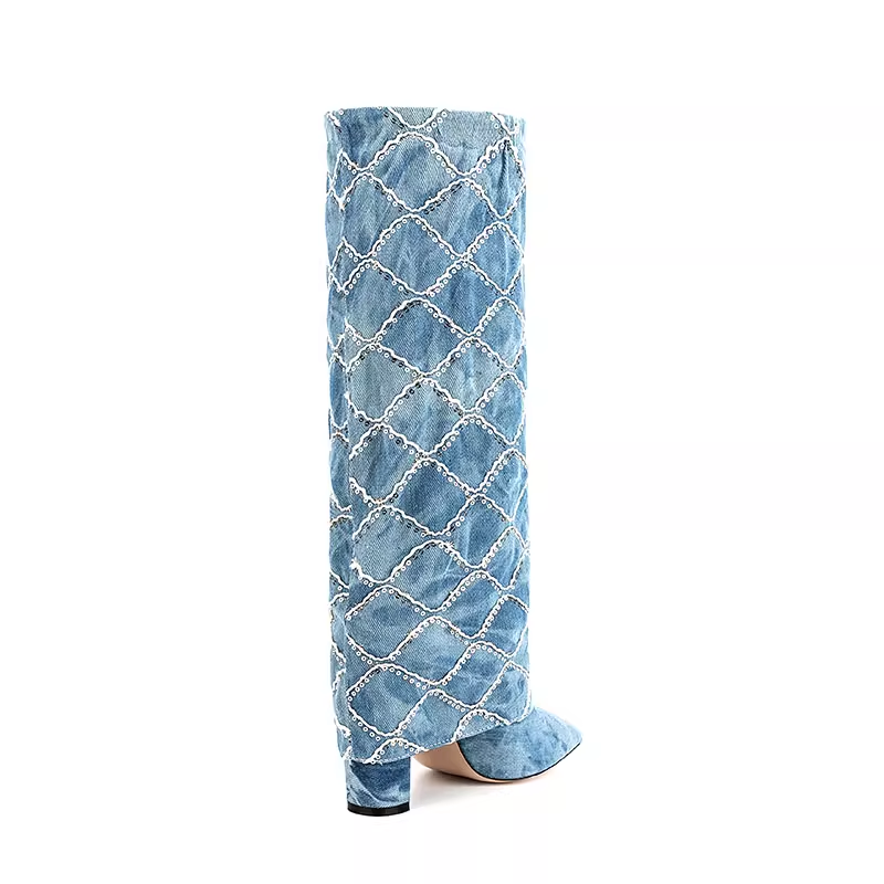 Sequinned Square Denim Knee High Boots