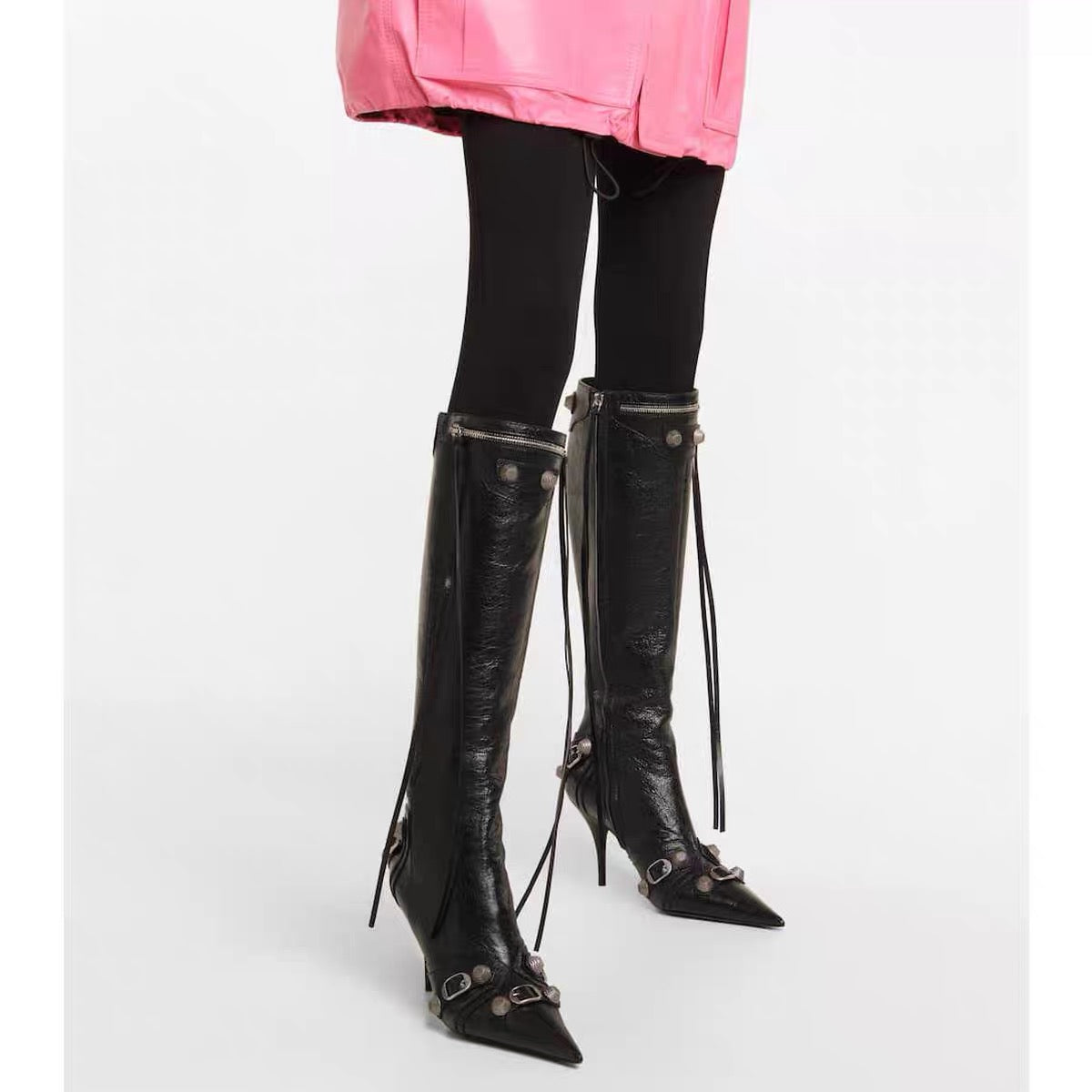 Studded And Buckled Leather Knee High Boots
