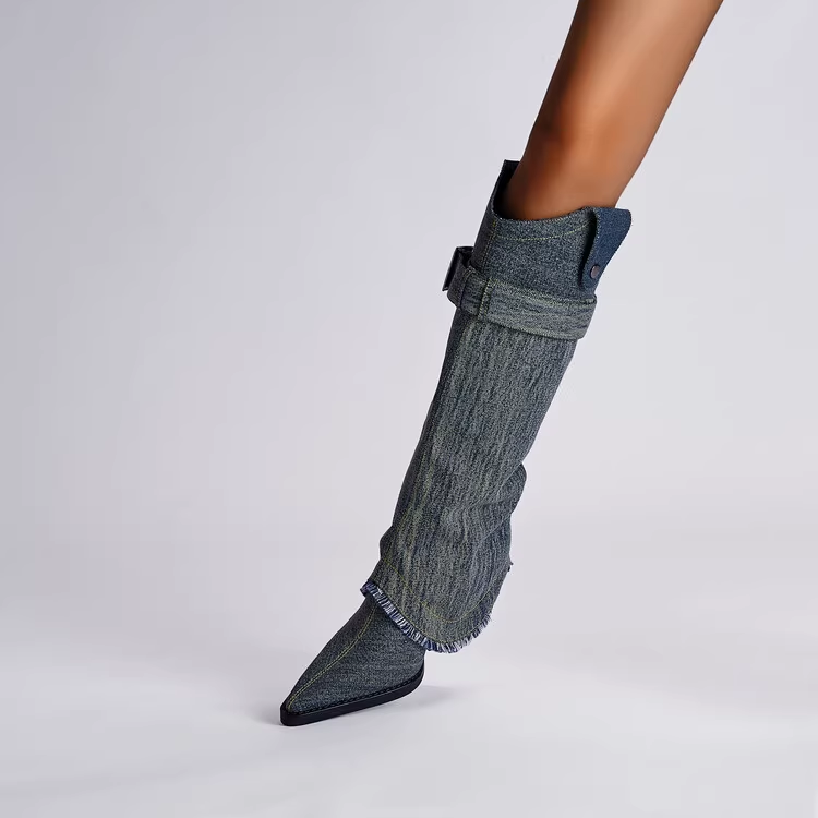 Buckled Denim Knee High Boots