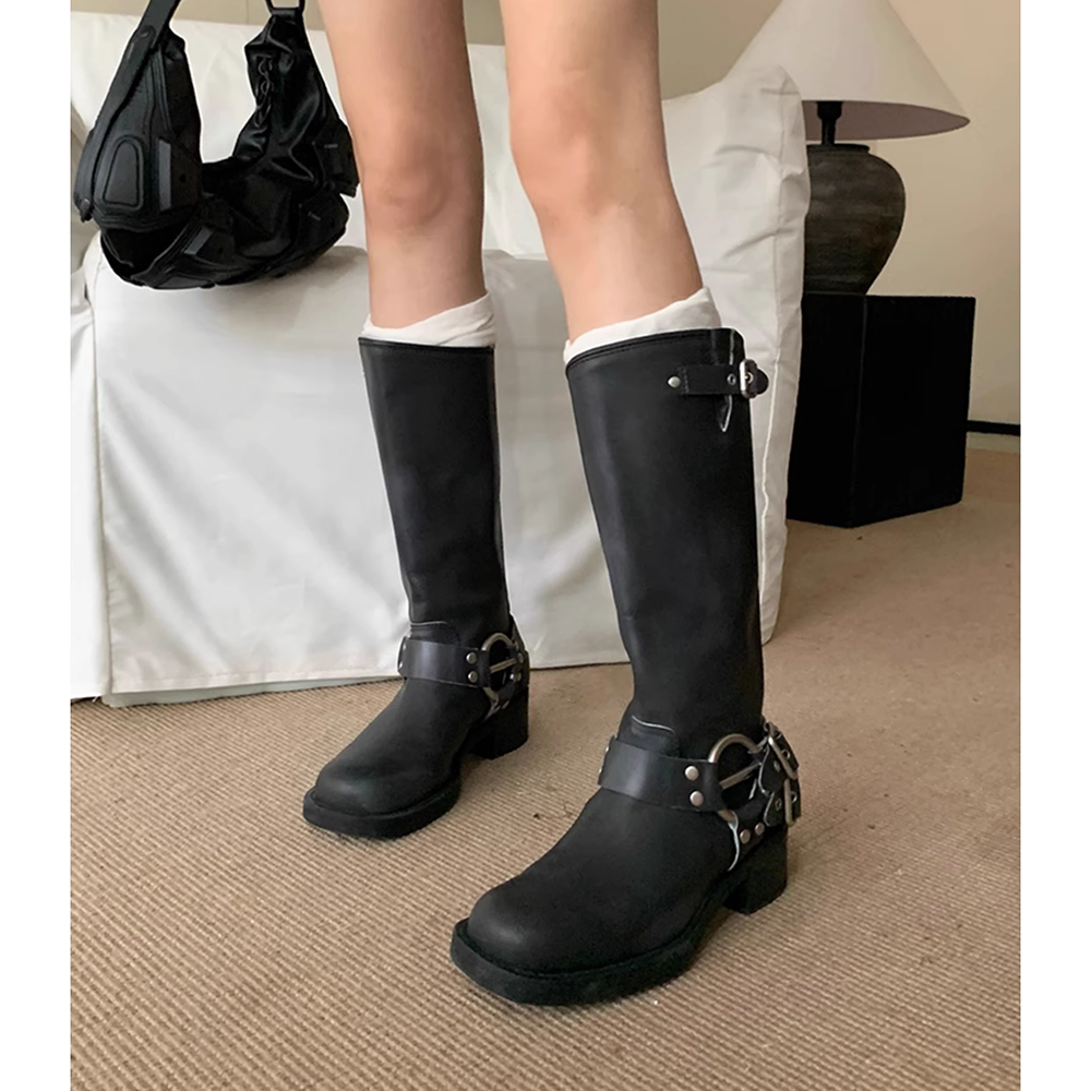Buckled Leather Knee High Boots