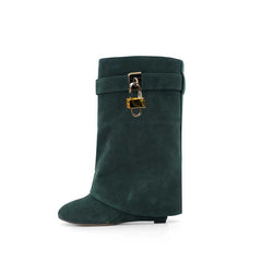 Lock Detailed Suede Wedged Heel Ankle Boots
