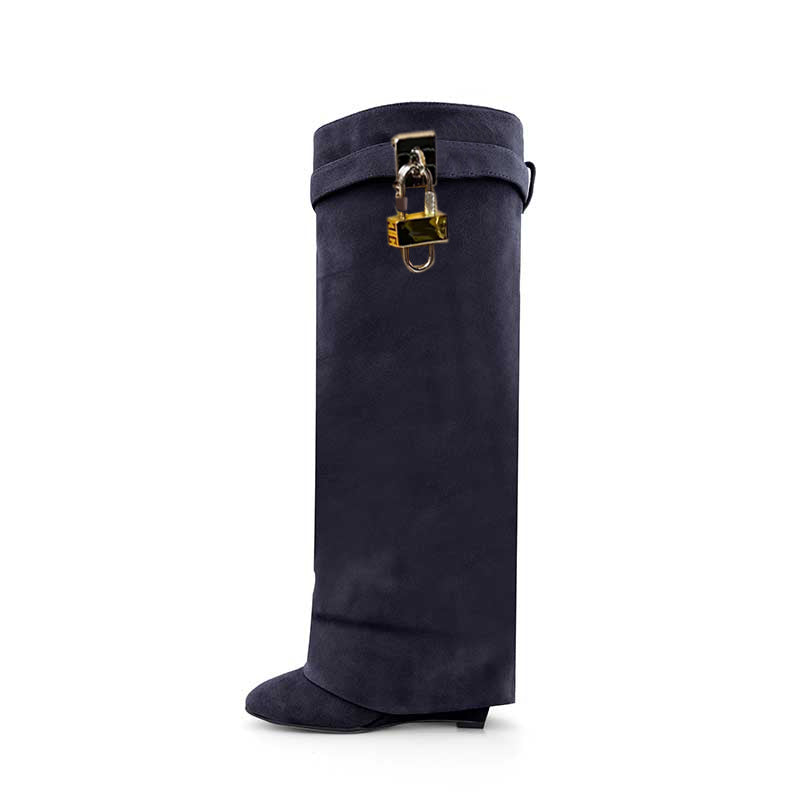 Lock Detailed Suede Wedged Heel Knee High Boots