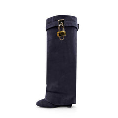 Lock Detailed Suede Wedged Heel Knee High Boots