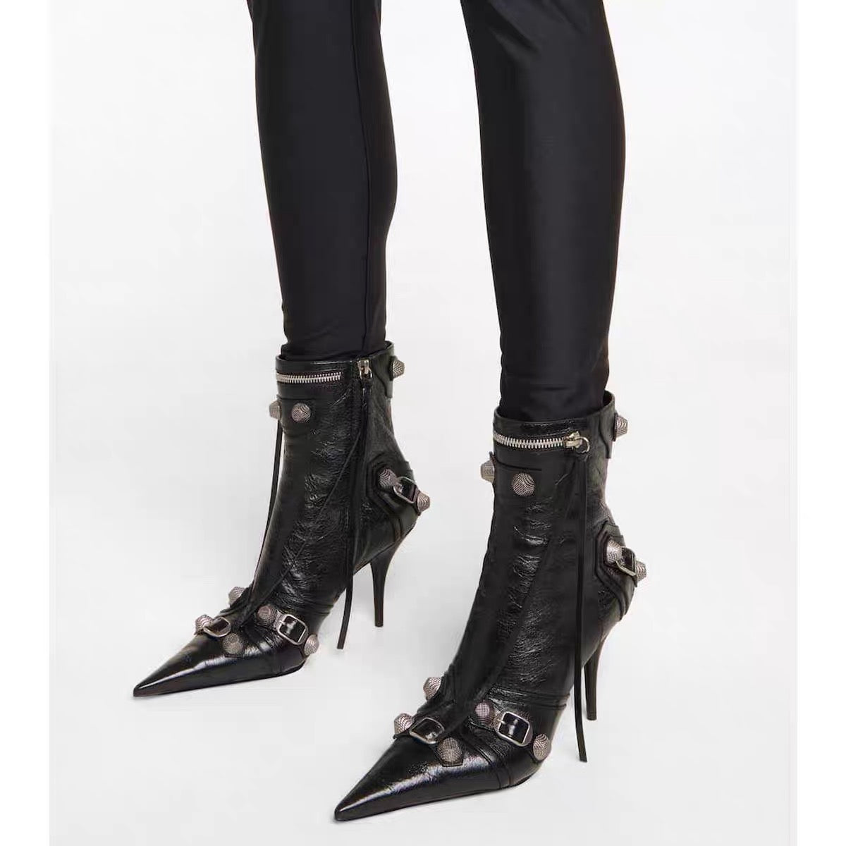 Studded And Buckled Leather Ankle Boots