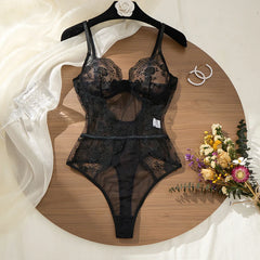 Black Lace Bodysuit with Floral Embroidery Sexy High-Waist Triangle Panties