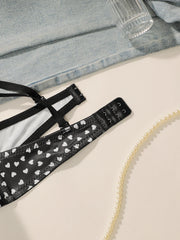 Black White Heart Print Push Up Bra