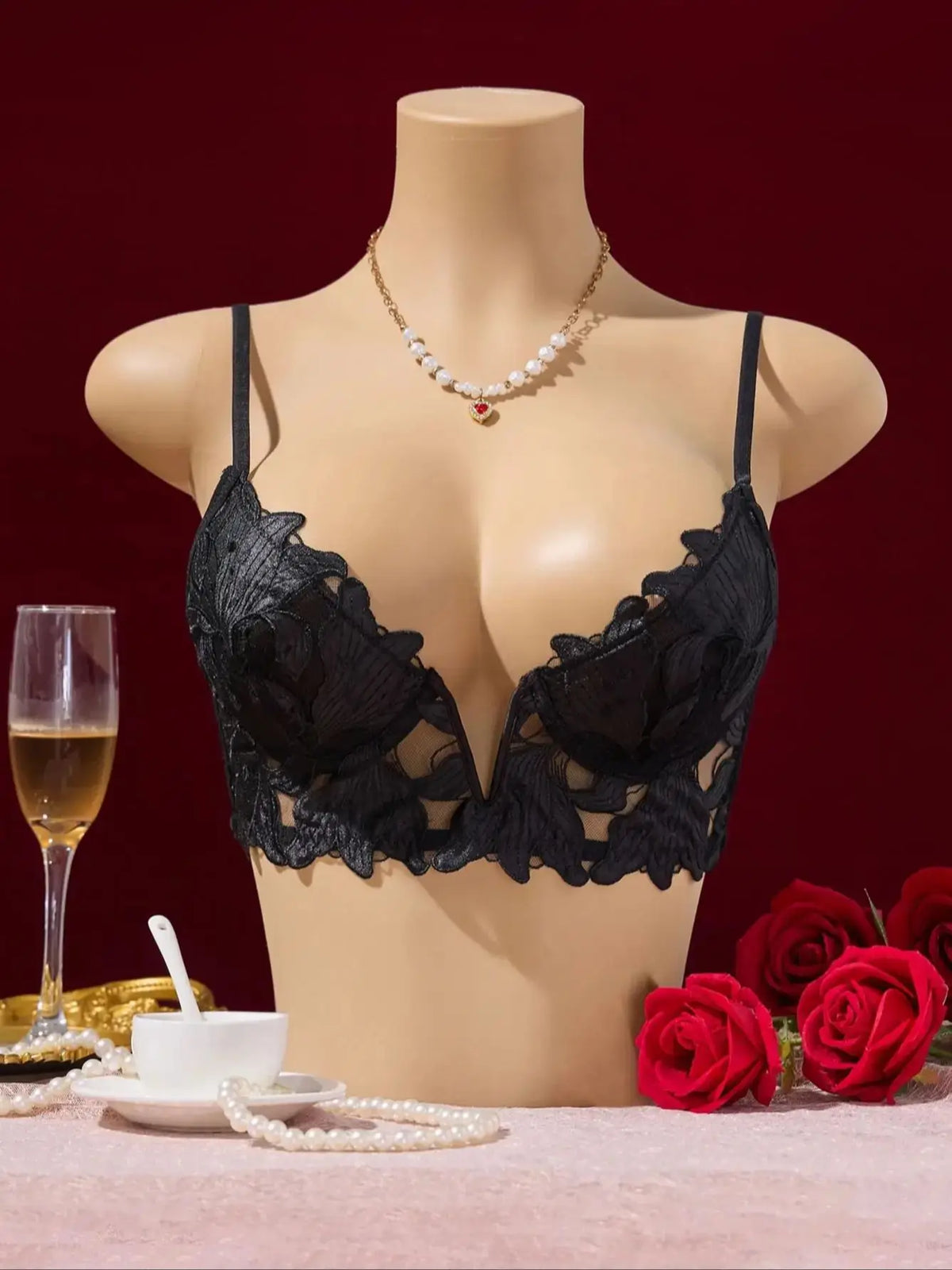 Floral Pattern Valentine's Day Sexy Elegant V-Neck Underwear