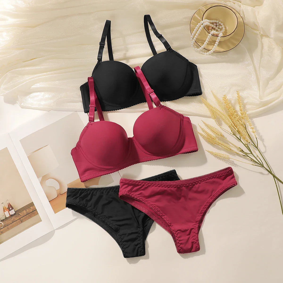 4-piece black and red combination lingerie