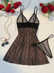 Lace-Trimmed Leopard Print Sleepwear Set Elegant Beauty Gift for Wife Sexy Nightgown And Underwear
