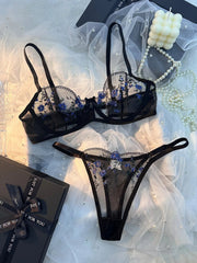 Ladies Classic Black Blue Floral Print Ultra-Thin Bra