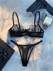 Ladies Classic Black Blue Floral Print Ultra-Thin Bra