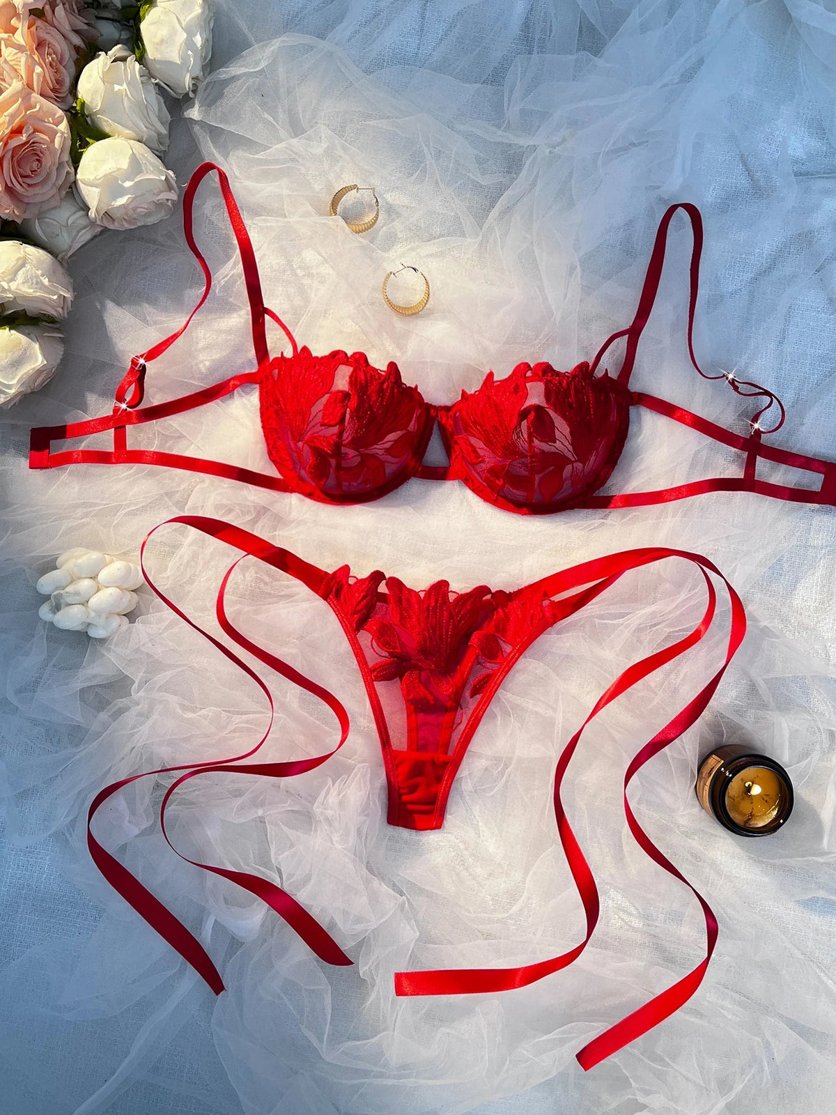 Ladies Floral Lace Thin Briefs Romantic Sexy Set with Belted