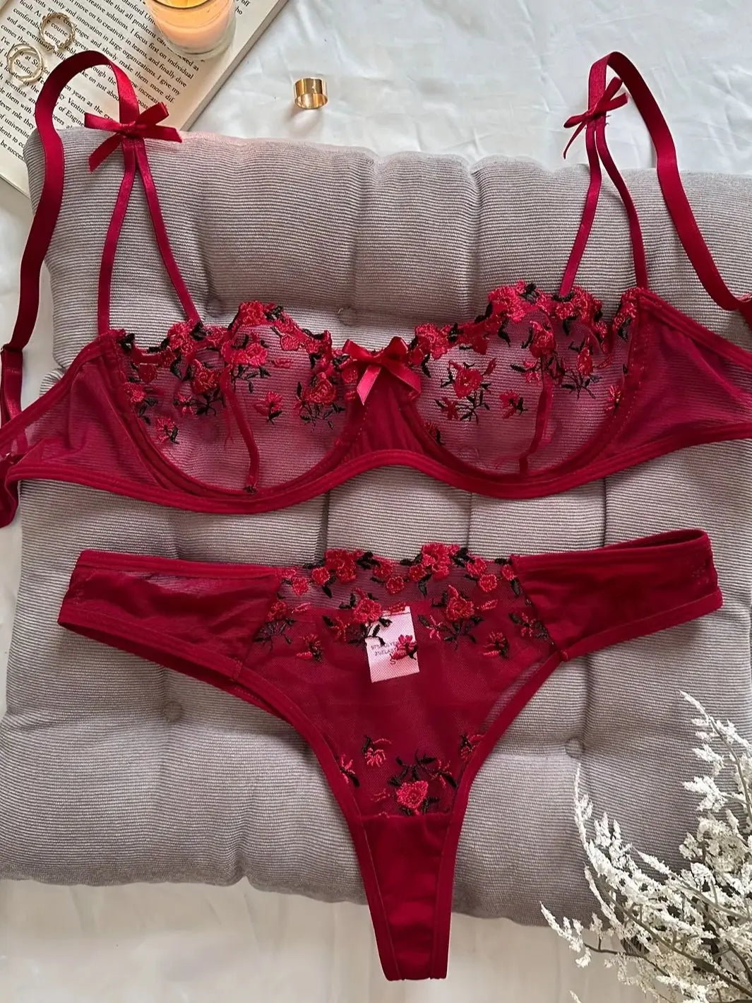 Night Beautiful Sexy Women 2 Piece floral Embroidery Underwear