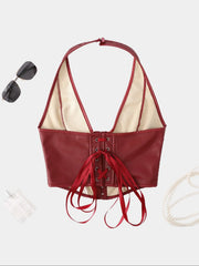 Pure Color Fishbone Shapewear Top Women's PU Leather Neck Buttoned Vest Market Style Underwear