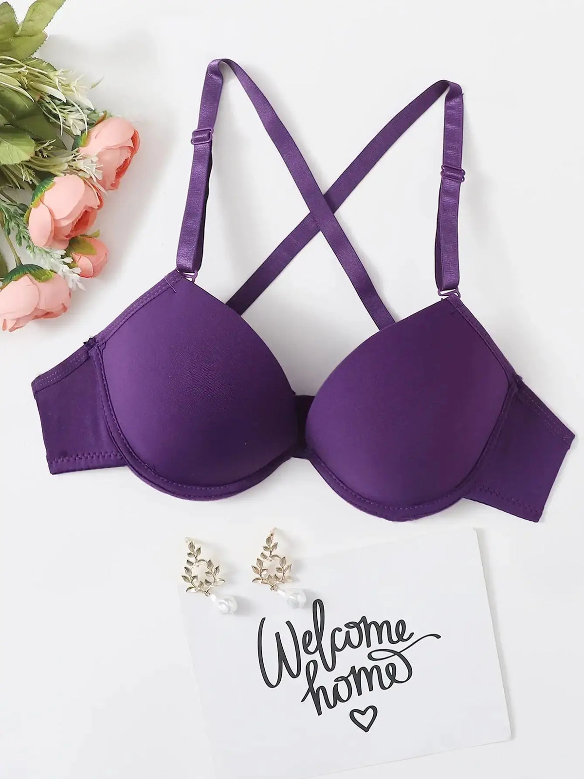 Purple strip steel support brassiere sexy cross back Bra