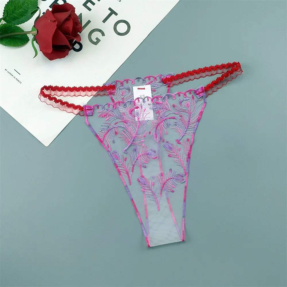 Seamless Embroidered Floral Mesh Thong